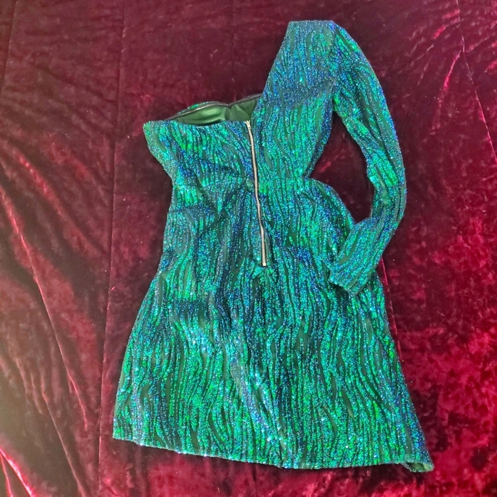 L&L Green Teal one shoulder cut out Sequin Party Dress Sz L - Picture 3 of 5